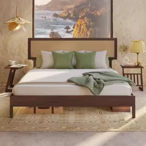 Queen Size Bed Frame, 14 Inch Bohemian Bed Frame with Adjustable Wicker Headboard - Rustic, Queen Si