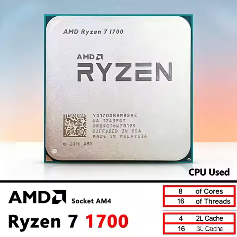 AMD Ryzen 7 1700 R7 1700 3.0 GHz Eight-Core Sixteen-Thread CPU Processor 65W Socket AM4 YD1700BBM88A