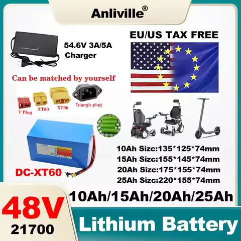 48V 10Ah 15Ah 20Ah 25Ah Lithium Battery Pack, 21700 Cell 15A/30A Continuous with BMS, for E-scooter 