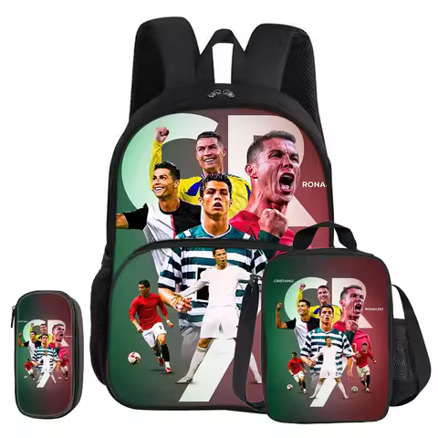 Ronaldo 3 Pcs set with Front Pocket Backpack Football Sport with Thermal Insulated Lunch Tote Purse 
