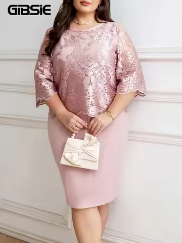 GIBSIE Plus Size Embroidered 2 In 1 O-Neck 3/4 Sleeve Dress Women Summer 2026 Elegant Office Ladies 