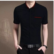 Men's Plain Short-Sleeved Shirt with Red Border Collar HT881 TOP FASHION SHOP Youthful, Luxurious De
