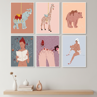 Grey Pink Cartoon Animal Canvas Painting Set for Living Room, Children's Room, Bear Elephant Giraffe
