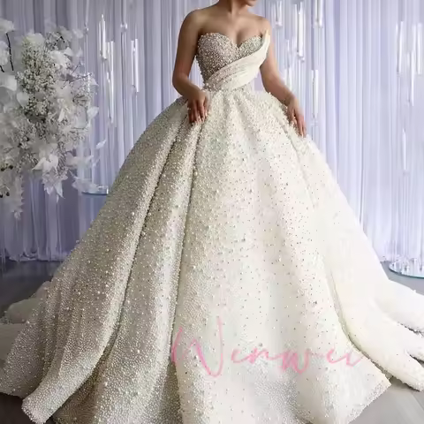 Customzied Dubai Luxury Pearls Beading Sweetheart Ball Gown Wedding Dresses Princess Sleeveless Brid