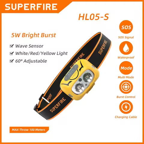 SUPERFIRE HL05-S Powerful LED Headlamp Yellow/White Light Camping Lantern Motion Sensor Rechargeable