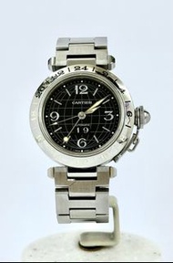 卡地亞 Pasha - C GMT Big Date(2550型號)，原裝大曆窗地球黑面鋼錶(35 mm)、自動機芯，原裝折疊式鋼帶 Cartier Pasha - C GMT Big Date (2