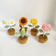 KY💕 Handmade Wool Woven Pot Car Potted Plant Artificial Flower Sunflower Rose Finished Ornaments Crochet Ornaments 7QPW