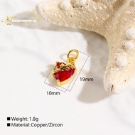 [Han-t] Brass Charm Pendant Ex Voto Heart Red Cubic Zirconia For DIY Nelace Keychains Jewelry Making
