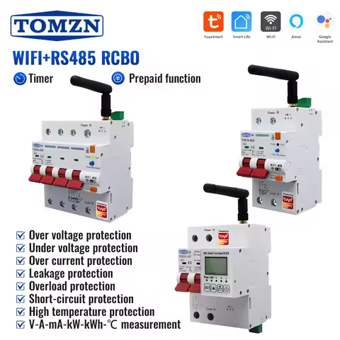 TOB1S 2P 4P 230V 63A RS485 WIFI TUYA Smartlife Leakage OVP UVP OCP Din Rail L+N RCBO Circuit Breaker