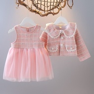 80-110cm Girl Dress Sets 2 Colors Pink Black Long Sleeve Plaid Coat With Dress 2 Pieces Sets For Kid