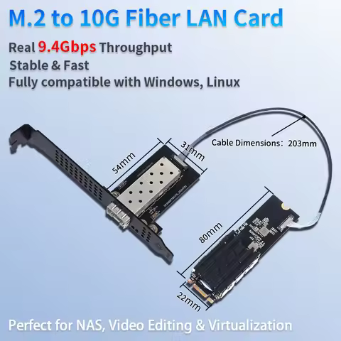 10G SFP+ M.2 Adapter RTL8127ATF 10GbE Fiber Network Interface Card PCIe 3.0 X2 Low Power for NAS Ser