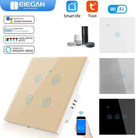 ELEGAN EU Standard Tuya Wifi Smart Touch Switch Luxury Glass Panel Toggle Button App Control Voice A