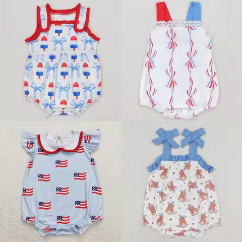 Wholesale Newborn Toddler July 4th Clothing Baby Girl Flags Bows Boots Infant Jumpsuit Kids Children