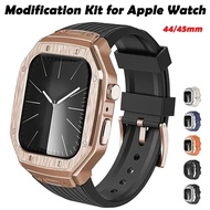 Luxury Metal Case Modification Kit Silicone Sport Strap compatible for Apple Watch 9 8 7 44mm 45mm iWatch Series 6/5/4/se