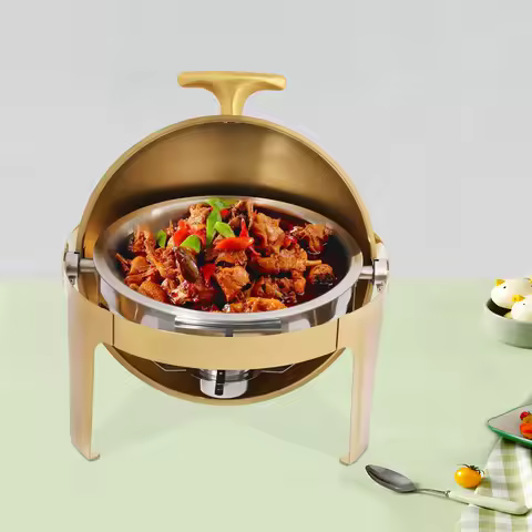 Gold Round 9L/9.51Qt Stainless Steel Chafing Dish Buffet Server, Reversible Lid, Fuel Holder Warmer/