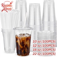100pcs Clear Plastic Cups with Flat Lids 10oz, 12oz, 16oz, 22oz PP Y Cup for Coffee Milk tea Pet Cup