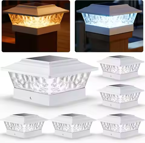 (6 Pack, White/Black) Solar Post Lights Outdoor 12 LEDs 4 Modes Post Cap Light for 4x4 5x5 6x6 Vinyl