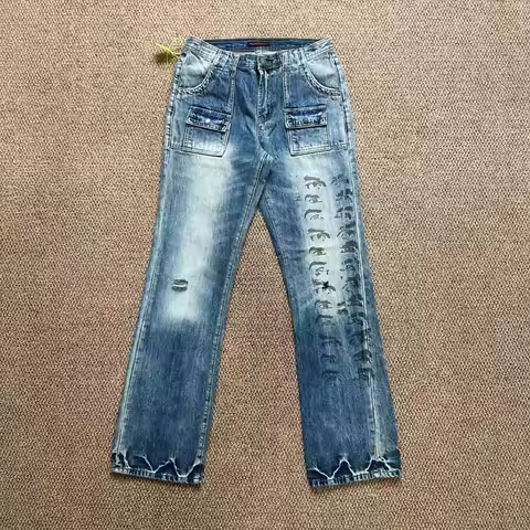 High Quality Undercover Eye Print Jeans Hole Damaged Trousers Men Women Washed Distressed Straight C