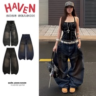 Haven Studio men's and women's curved-leg jeans, wide form, broken wash effect, blue, gray and black