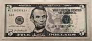 2013 年 舊版 早期 小頭 美國 5 元 Five Dollars 美金 美鈔 紙鈔 帶3無4