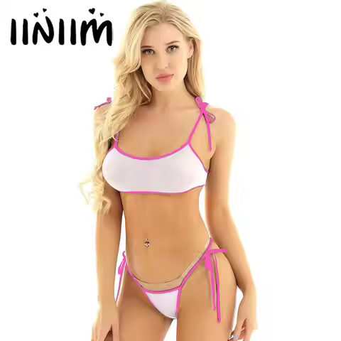 Womens See Through Mesh Mini Micro Brazilian Bikini Swimsuit Set Halter Self-tie Micro Bra Top Strin