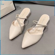 Summer Rhinestone Ankle Strap Heels Comfort Chunky Low Heel Sandals 2 Way Wear Cream Nude Rhinestone