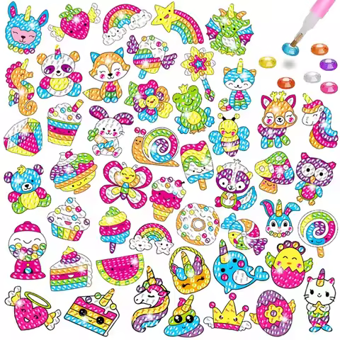 Children's Large Gemstone Diamond Painting Sticker Kit 12 Easy-to-Place Artistic Animated Animal Dia