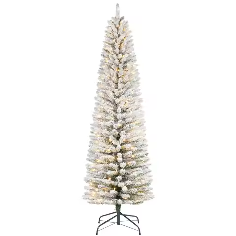 6-9FT Pencil Christmas Tree Pre-Lit Frosted Artificial Tree Skinny Xmas Trees Holiday Decoration, wi