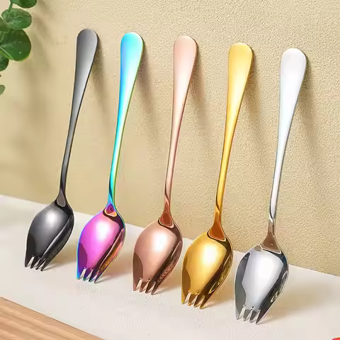 2 in 1 Salad Spoon Fork Long Handle Stainless Steel Spork Dessert Spoons Dishwasher Tableware 5 Colo