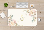 Monogram Floral Desk Mat, Custom Desk Pad, White Flower Desk Blotter, Pastel Desk Mat, Extended Mouse Pad, Workspace