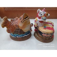 Vintage Ban Hin Lee Bank Ceramic Lion Dance and Gold Fish Coin Bank / Coin Box / Tabung Duit