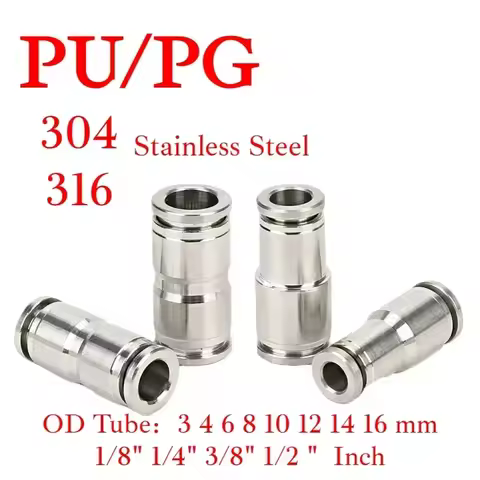 PU PG3 4 6 8 10 12 14 16 20mm 1/4" 3/8" 1/2"Tube Equal Reducer 304 Stainless Push To Connect Quick R