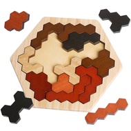 Skrtuan Wooden Hexagon Puzzle for Kid Adults, Colorful Shape Pattern Block Tangram Brain Teaser Toy 