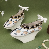 Round Toe Court Plaid Shoes Old Beijing Womens High Heel Ethnic Style Flats Palace Embroidered Hanfu