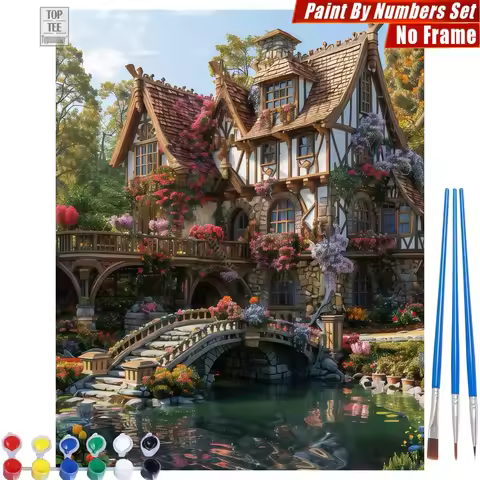 Fairy-tale house flowers Paint By Numbers Kit - Stone bridge dreamy Creative Family Fun Valentine's 
