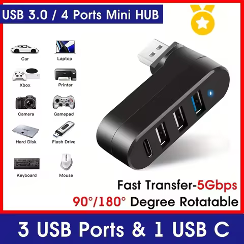 4-Port USB 3.0 Hub [90°, 180° Rotatable], USB Splitter, 3 USB Ports and 1 USB C Power/Data Port, USB