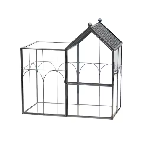 Glass Terrarium Display House with Black Frame and Opening Panel for Flower Arrangements, Window Sil