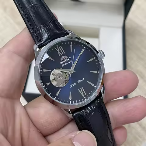 Orient Automatic Skeleton Watch for Men, Green Dial Leather Strap Mechanical Wristwatch, Water Resis