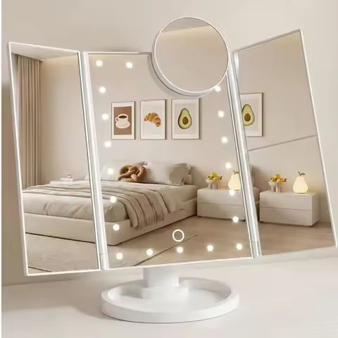 Tri-Fold Lighted Vanity Makeup Mirror with 21 LED Lights, Touch Screen 10X 3X 2X 1X Magnification, D