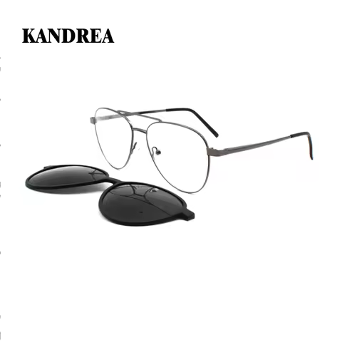KANDREA 2 In 1 Retro Clip on Glasses Frames Men Optical Myopia Fashion Polarized Magnetic Sunglasses