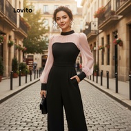 Lovito Elegant Jumpsuit Plain Fabric Stitching Jumpsuit for Women LNE68400\5