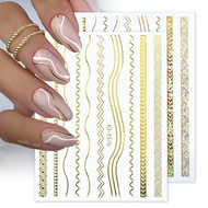 3D Nail Sticker Gold Laser Silver Leaves Wave Line Pattern Nail Decals DIY French Nail Art