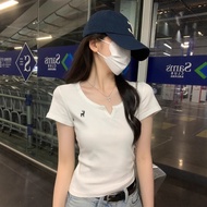 【WJZ】Korean Women's Half-Open Collar Slimmer Look All-Match Embroidered Design Short-Sleeved T-Shirt