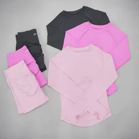 DF‑LOGO Women Seamless 2 Pieces Yoga Outfit Long Sleeve Top High Elastic Tummy Control Quick Dry Bre