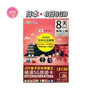 Joytel日本【8日8GB FUP】全網通金卡 5G極高速無限數據咭 上網咭 電話咭 旅行電話咭 Data Sim咭