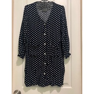 213_long Coat Wear It As A Mini Dress. Front Buttons Navy Blue Polka Dot Pattern There Is Pocket. Lo