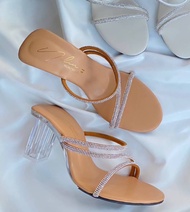 รองเท้าส้นแก้ว คริสตัล ไซส์ใหญ่ 41 - 45 BIGSIZE สูง 3 นิ้ว แบบคาดเพชรเส้นเล็ก ใส่ออกงาน ปาร์ตี้ งานแ