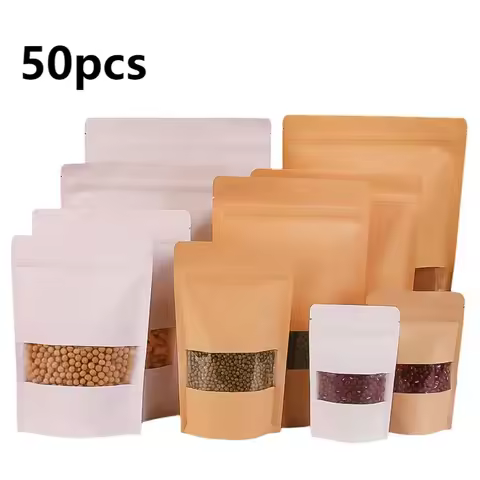 50pcs Kraft Paper Bags Food Ziplock Bag Candy Tea Nut Moisture Proof Pouches Handmade Cookies Packin