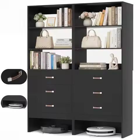 4FT Closet System with Leather Handles, 48" Walk-in Closets Storage Unit with Cabinet, Wood Wardrobe