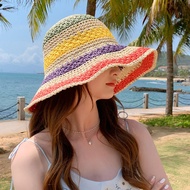 cap woman cute hat woman topi perempuan Women Foldable Bohemian Seaside Rainbow Straw Hat